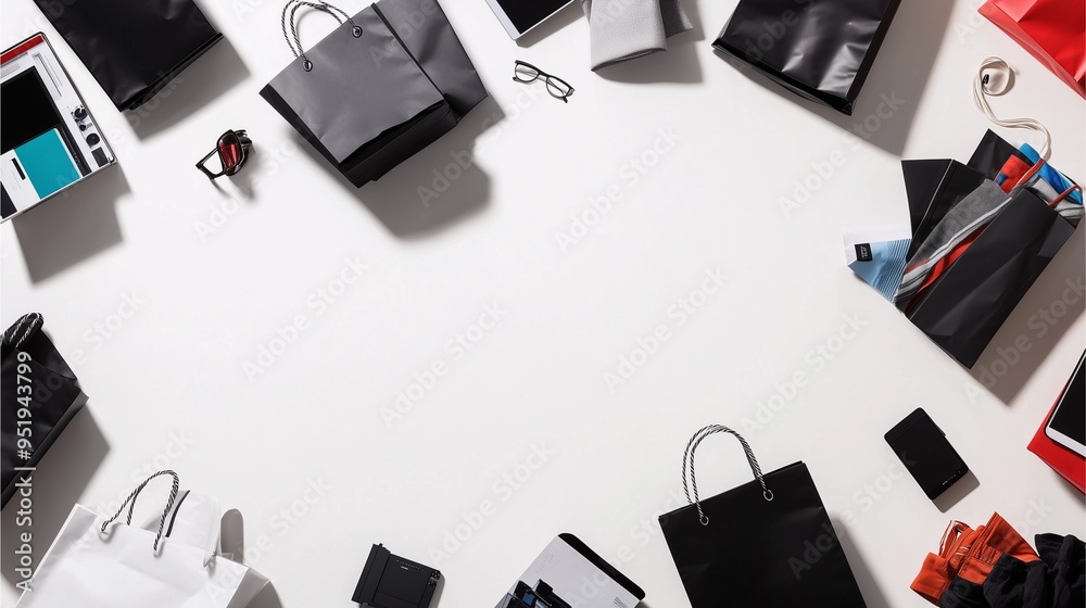Various shopping bags and electronics clothing accessories in black color scattered on white background with empty space for text surrounds the objects Various shopping bags and electronics clothing accessories in black color scattered on white background with empty space for text surrounds the objects