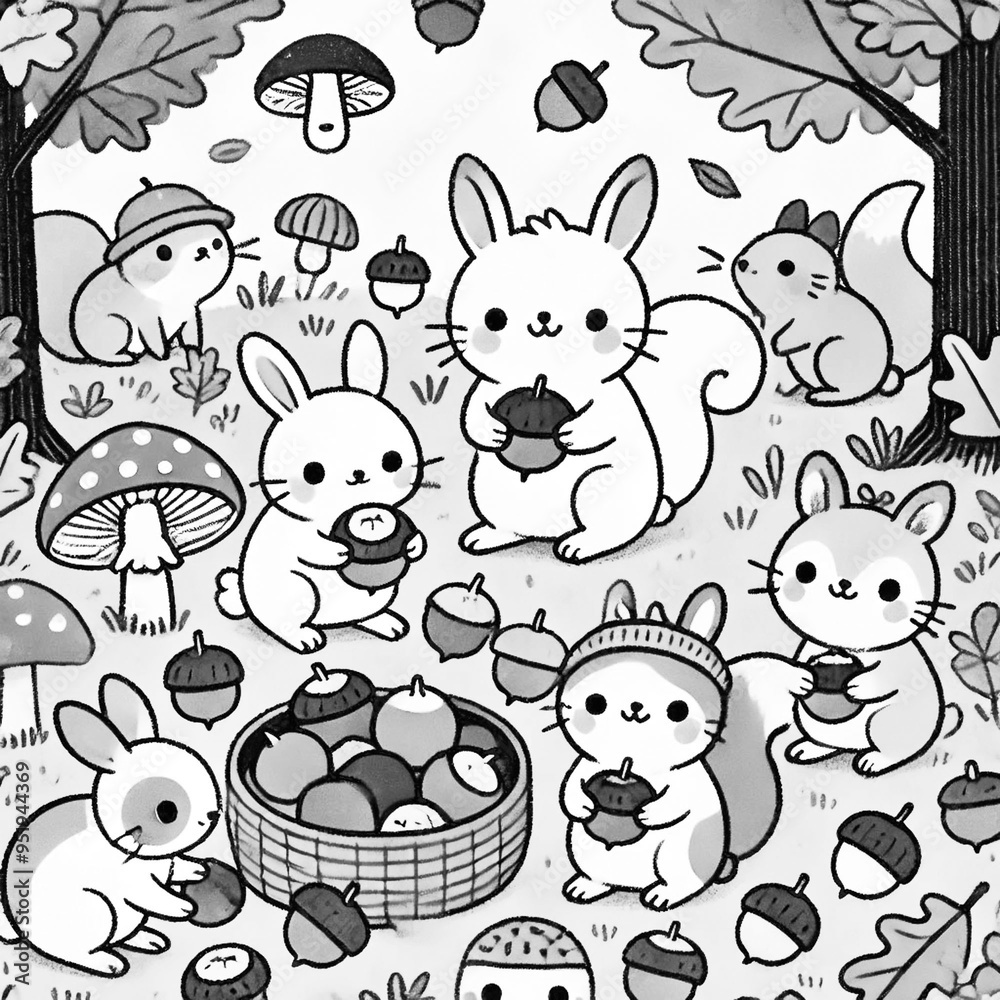 Obraz premium かわいい動物たちが栗やどんぐりを収穫