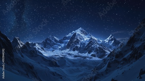 Snow-capped mountains under a clear, starry night, highlighting the serene and untouched beauty of Earth landscapes