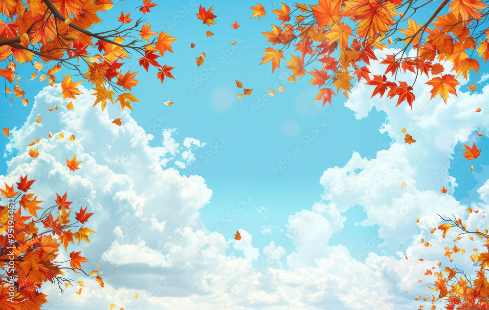 Vector illustration of an autumn background with maple leaves and clouds. The branch is made up only by yellow, red and orange fall foliage on the blue sky background. Vector illustration of an autumn background with maple leaves and clouds. The branch is made up only by yellow, red and orange fall foliage on the blue sky background.