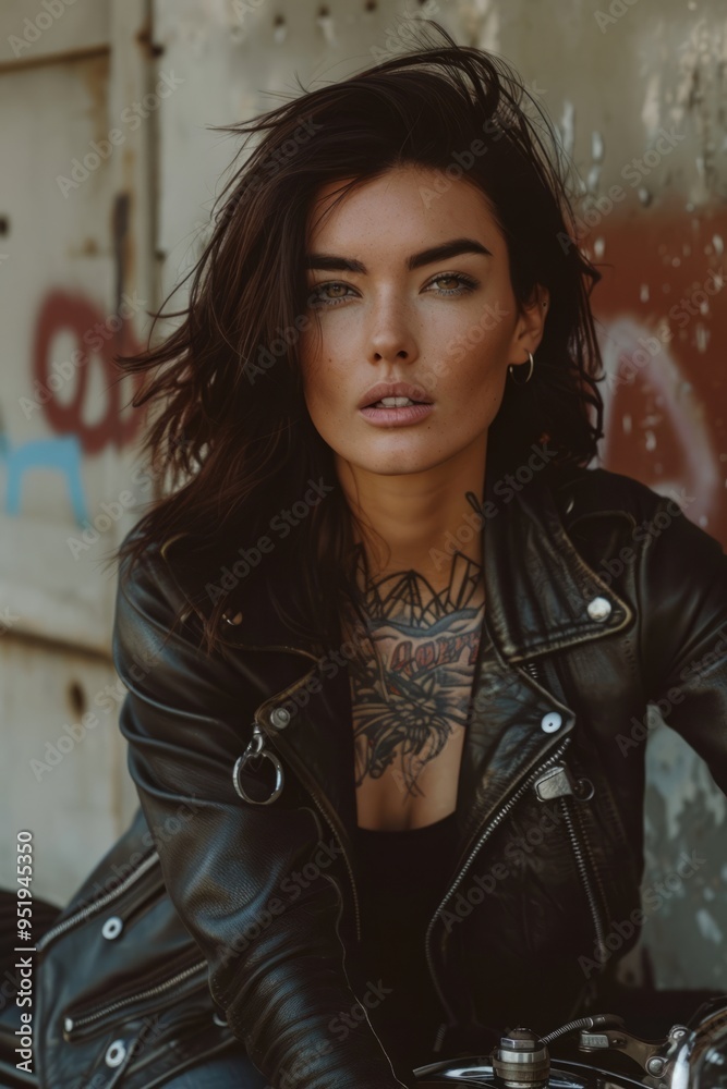 Fototapeta premium The model showcases intricate tattoos while wearing a fitted leather jacket. She exudes confidence and style, with an urban environment enhancing the edgy look