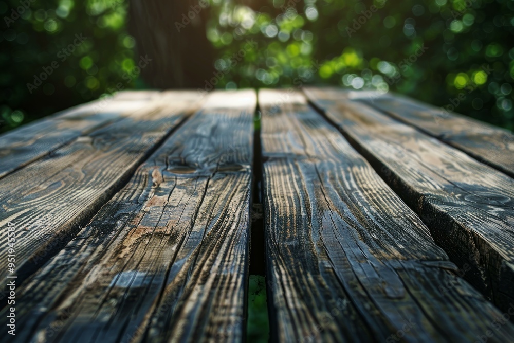Selective focus on a rustic wooden table with sunbeams filtering through trees Selective focus on a rustic wooden table with sunbeams filtering through trees