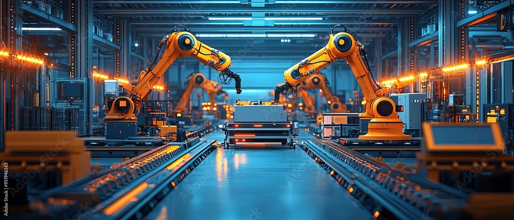 A close-up of a logistics warehouse with robotic arms and automated vehicles working together to streamline distribution and optimize development A close-up of a logistics warehouse with robotic arms and automated vehicles working together to streamline distribution and optimize development