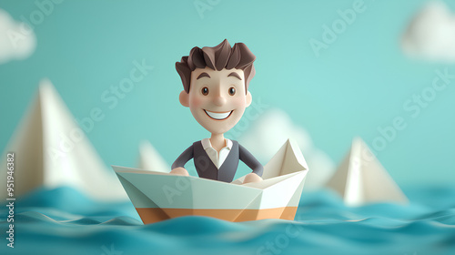 smiling male guy Qadir.Direction of business and management. Paper boat, Ship on water, Flat business cartoon, Leadership concept photo