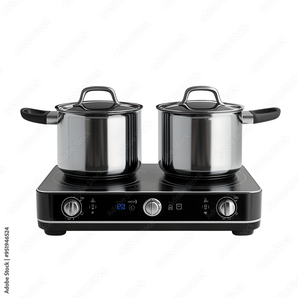 Modern electric stovetop with two stainless steel pots for cooking versatile meals efficiently and stylishly. isolated on a transparent background Modern electric stovetop with two stainless steel pots for cooking versatile meals efficiently and stylishly. isolated on a transparent background