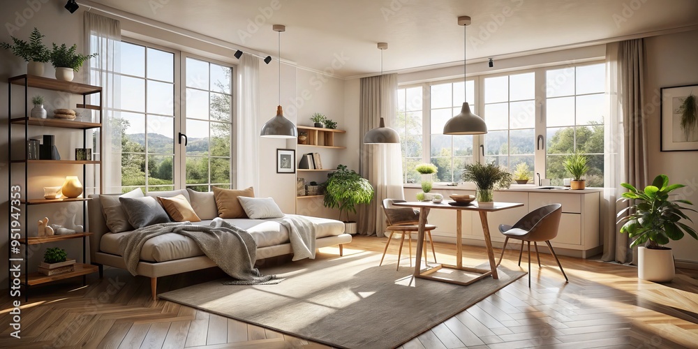 Fototapeta premium Whitespaceremodeling minimalist Scandinavianinspired studio apartment rendering subtle daylight pouring through floor ceiling 