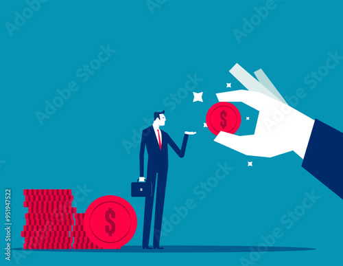 Concept of returning cashback, income from an investment account or receiving a salary. Big hand gives a coin to a small person. Concept of dependence on a senior. Flat vector illustration.