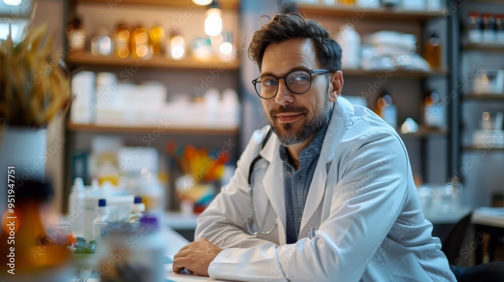 Confident Doctor in White Coat Sitting at Desk in Office Confident Doctor in White Coat Sitting at Desk in Office