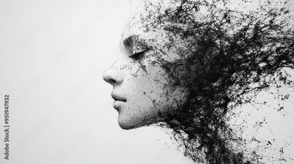 A surreal portrayal of a woman with fragmented features in black and white A surreal portrayal of a woman with fragmented features in black and white