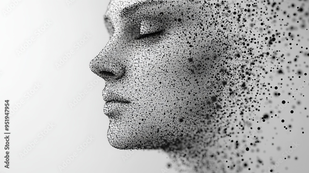 A surreal portrait of a woman with a dissolving face made of particles A surreal portrait of a woman with a dissolving face made of particles