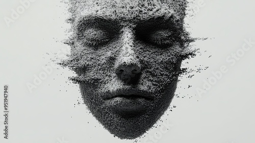 Expressive portrait of a serene face dissolving into particles