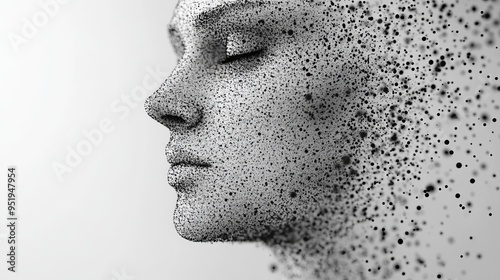 A surreal portrait of a woman with a dissolving face made of particles