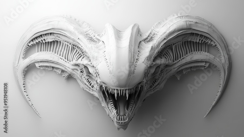 Elegant white sculpture of a horned creature's head indoors