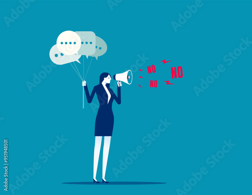 Confident businesswoman speak or scream loud on megaphone with words NO. Refuse to do wrong things. Learn to say no, leadership skill to manage workload. Time management concept