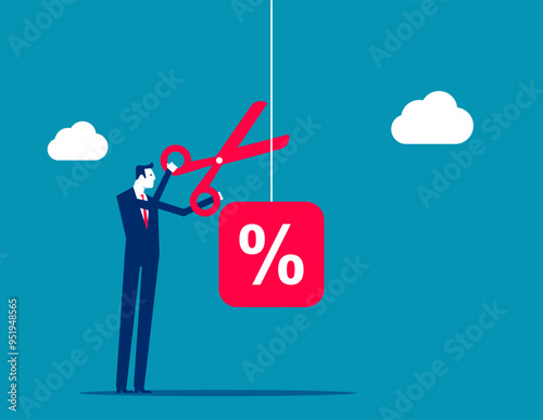 Stop Inflation. Fed raised the central bank interest rate to curb soaring inflation. Businesswoman cuts a percentage mark with scissors. Business flat vector illustration. Economic crisis concept