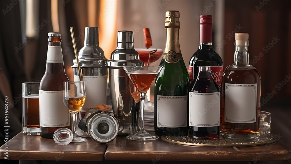 Different alcohol drinks set -beer,cocktail,champagne,wine,cola,whiskey Different alcohol drinks set -beer,cocktail,champagne,wine,cola,whiskey