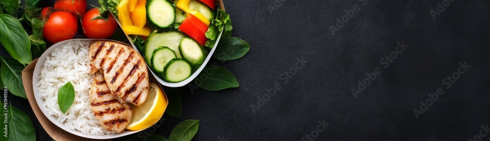 A collection of healthy food in paper boxes on a dark background A collection of healthy food in paper boxes on a dark background