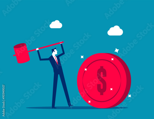 Global economic money problem. Businessman uses sledgehammer and brakes dollar coin. Bankruptcy unpaid loan debt, investment failure. Business flat vector illustration. Financial crisis concept