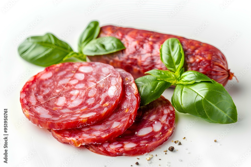 A white plate topped with slices of salami A white plate topped with slices of salami