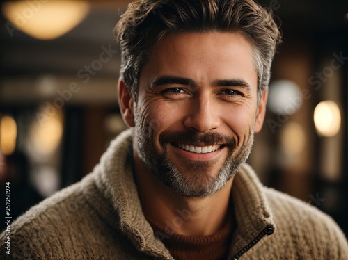 A smiling man with a rugged charm, wearing a cozy sweater, exuding warmth and approachability in a softly lit setting.