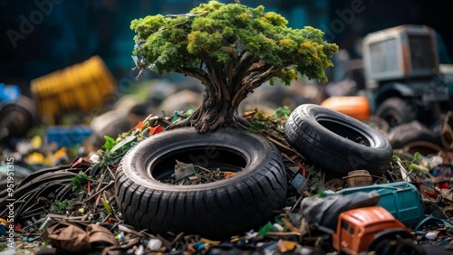 The tree grows in the middle of a pile of garbage and old tires. The problem of land pollution. photo