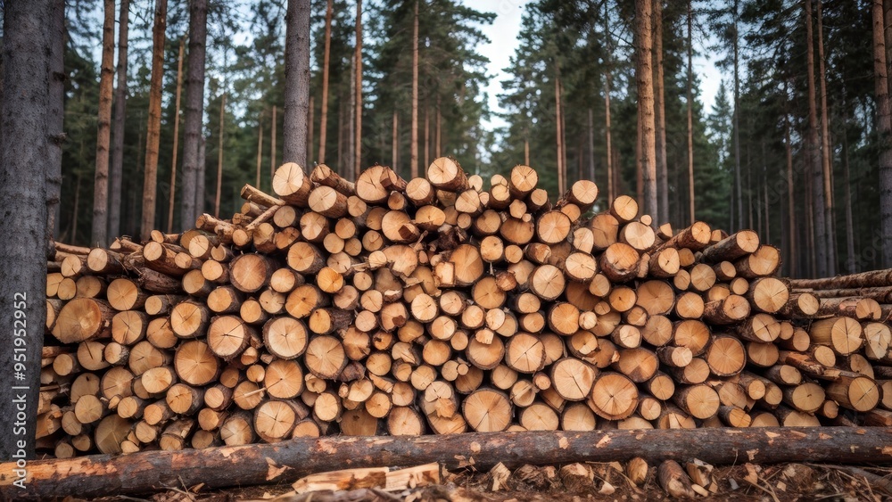The logs are stacked in the forest. The problem of deforestation. The logs are stacked in the forest. The problem of deforestation.