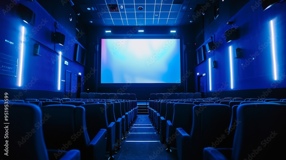 An empty cinema with rows of seats and a blank screen. An empty cinema with rows of seats and a blank screen.