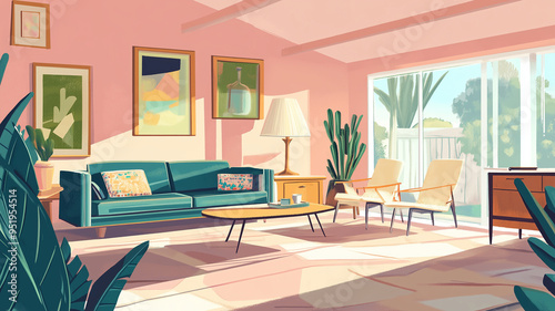 A living room with a blue couch, a coffee table, and a potted plant