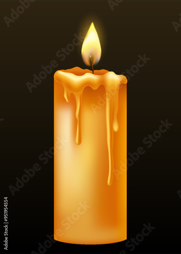 Burning candle with dripping or flowing wax. Yellow candle with golden flame. Lit and melted wax. Illustration of beautiful glowing candle on dark background