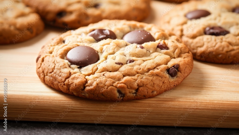 American cuisine dish: Cookies with chocolate chips on a wooden board. American cuisine dish: Cookies with chocolate chips on a wooden board.
