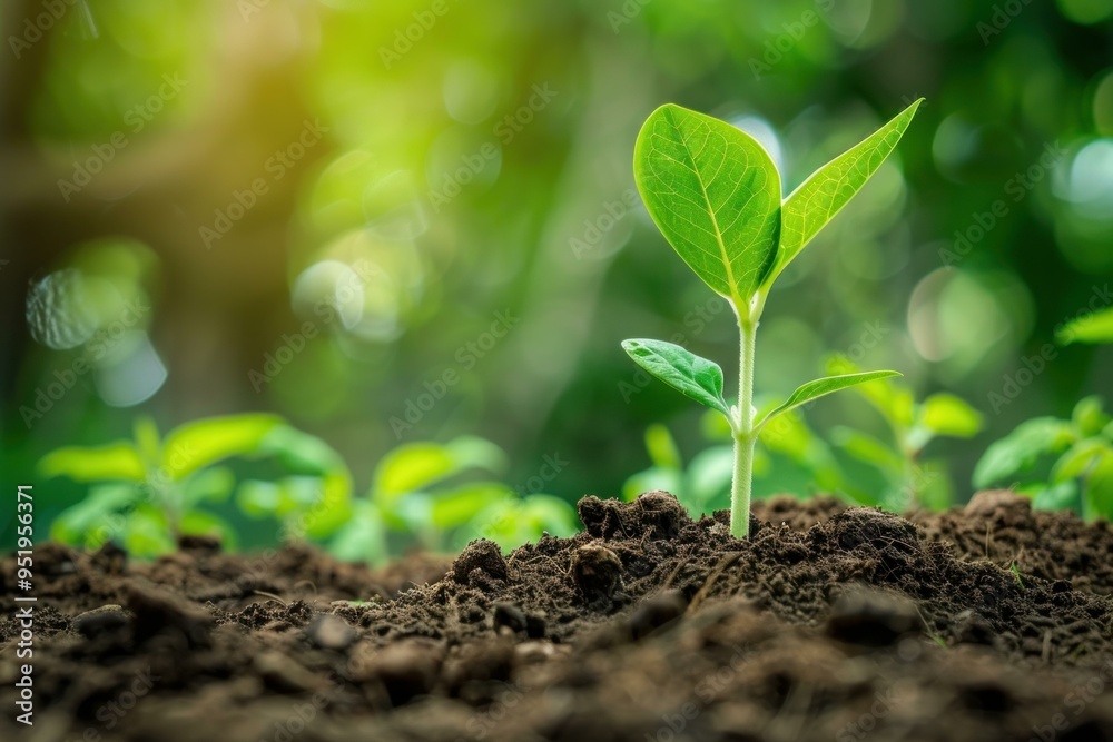 Close up of a young plant sprouting from fertile earth with sunlight filtering through foliage Close up of a young plant sprouting from fertile earth with sunlight filtering through foliage