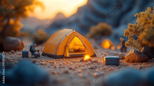 A miniature desert camp at sunset, featuring a yellow tent, campfire, and tiny figurines enjoying the outdoor experience.