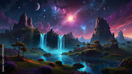 Galactic Landscape with Floating Islands and Surreal Skies in Fantasy Setting photo