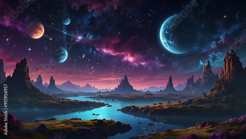 Galactic Landscape with Floating Islands and Surreal Skies in Fantasy Setting photo