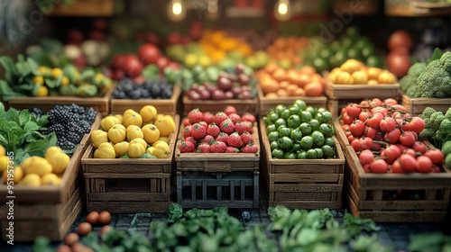 Wallpaper Mural A vibrant miniature farm market filled with colorful fruits and vegetables in wooden crates, creating a lively shopping atmosphere. Torontodigital.ca