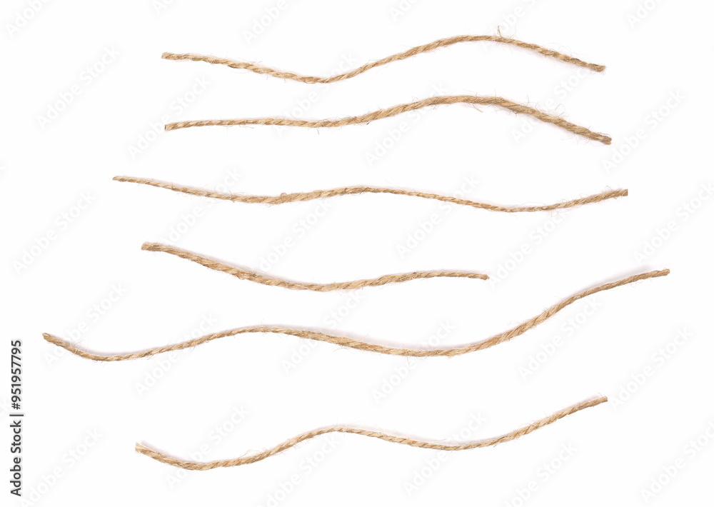 String, set rope line isolated on white, top view String, set rope line isolated on white, top view