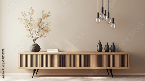 modern wooden sideboard with decorative items in a room with a blank beige wall, concept of minimalist interior design photo