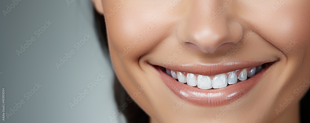 Close-up of a smiling woman showcasing her bright, healthy teeth in a well-lit setting Close-up of a smiling woman showcasing her bright, healthy teeth in a well-lit setting