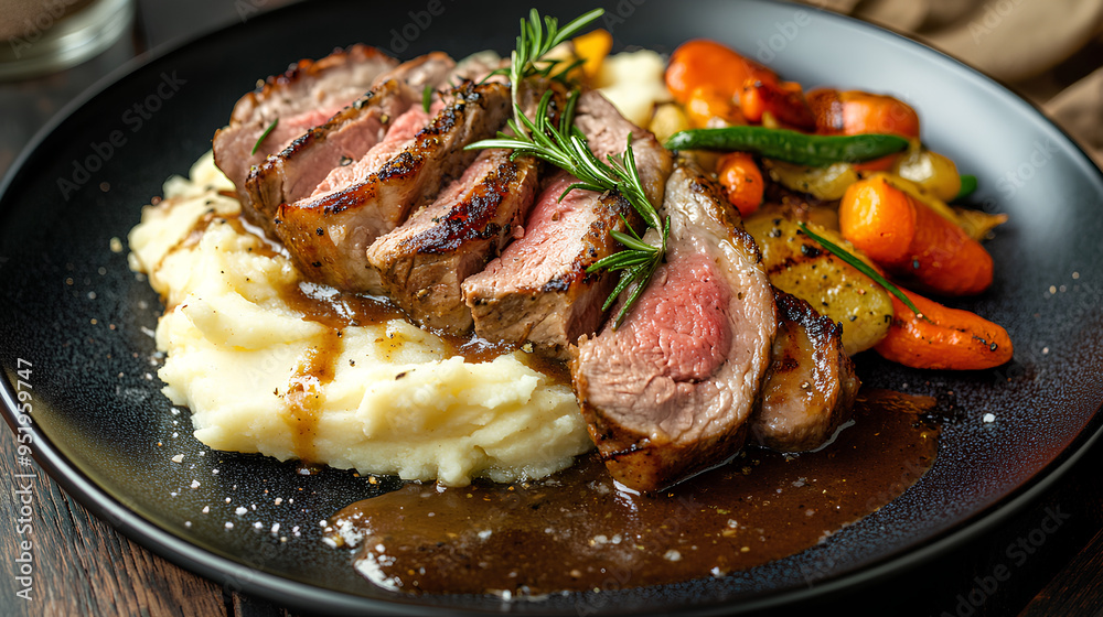 plate of meat with a side of mashed potatoes and vegetables. The meat is cooked and seasoned perfectly, and the vegetables are roasted plate of meat with a side of mashed potatoes and vegetables. The meat is cooked and seasoned perfectly, and the vegetables are roasted