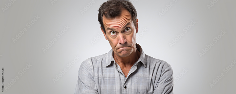 Obraz premium Man with furrowed brows and a puzzled expression in a neutral setting