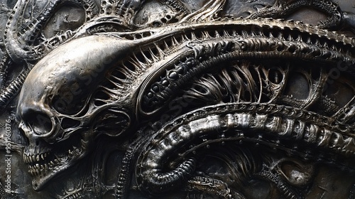 Intricate alien skull and skeletal design featuring biomechanical elements