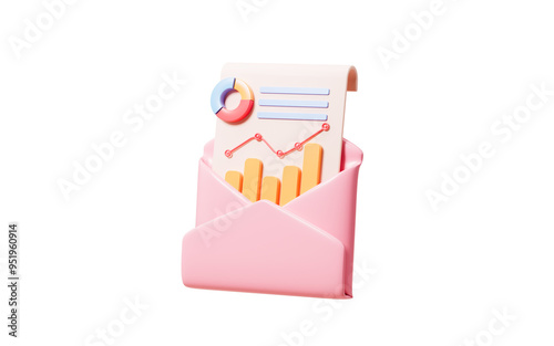 Cartoon financial data report in the opening mail, 3d rendering.