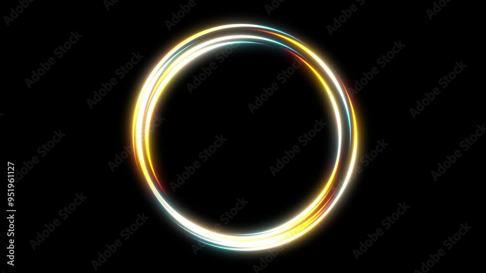 Neon circle lights abstract background for colorful vortex concept. Bright shiny round border for presentation slide. Seamless loop. A luminous spiral frame illuminated by radiant light. Teleport