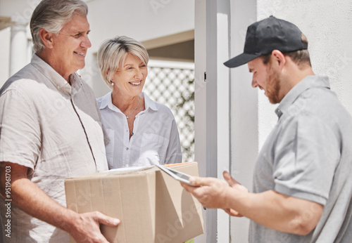 Quadro su tela Front door, parcel and senior couple with deliveryman for ecommerce order courier at home