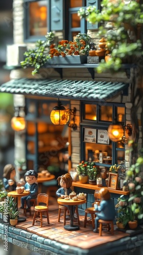 A miniature artisanal café with people enjoying pastries and drinks in a cozy outdoor setting.