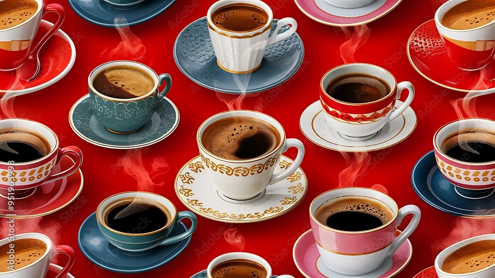 Seamless pattern with coffee in cups and saucers on red background Seamless pattern with coffee in cups and saucers on red background