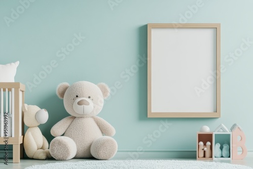 Cozy Children's Room Frame Mockup with Pastel Walls, Wooden Crib, and Toy Collection