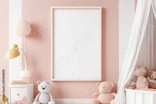 Cozy Toddler Bedroom Decor with Soft Pink Wall Stripes and Frame Mockup Above Bed with Canopy and Stuffed Animals