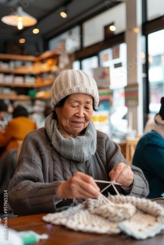 An older Asian woman crocheting, sewing a scarf in a sewing workshop.