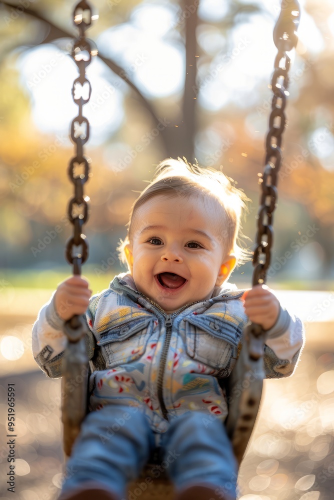 A baby is swinging on a swing and smiling A baby is swinging on a swing and smiling